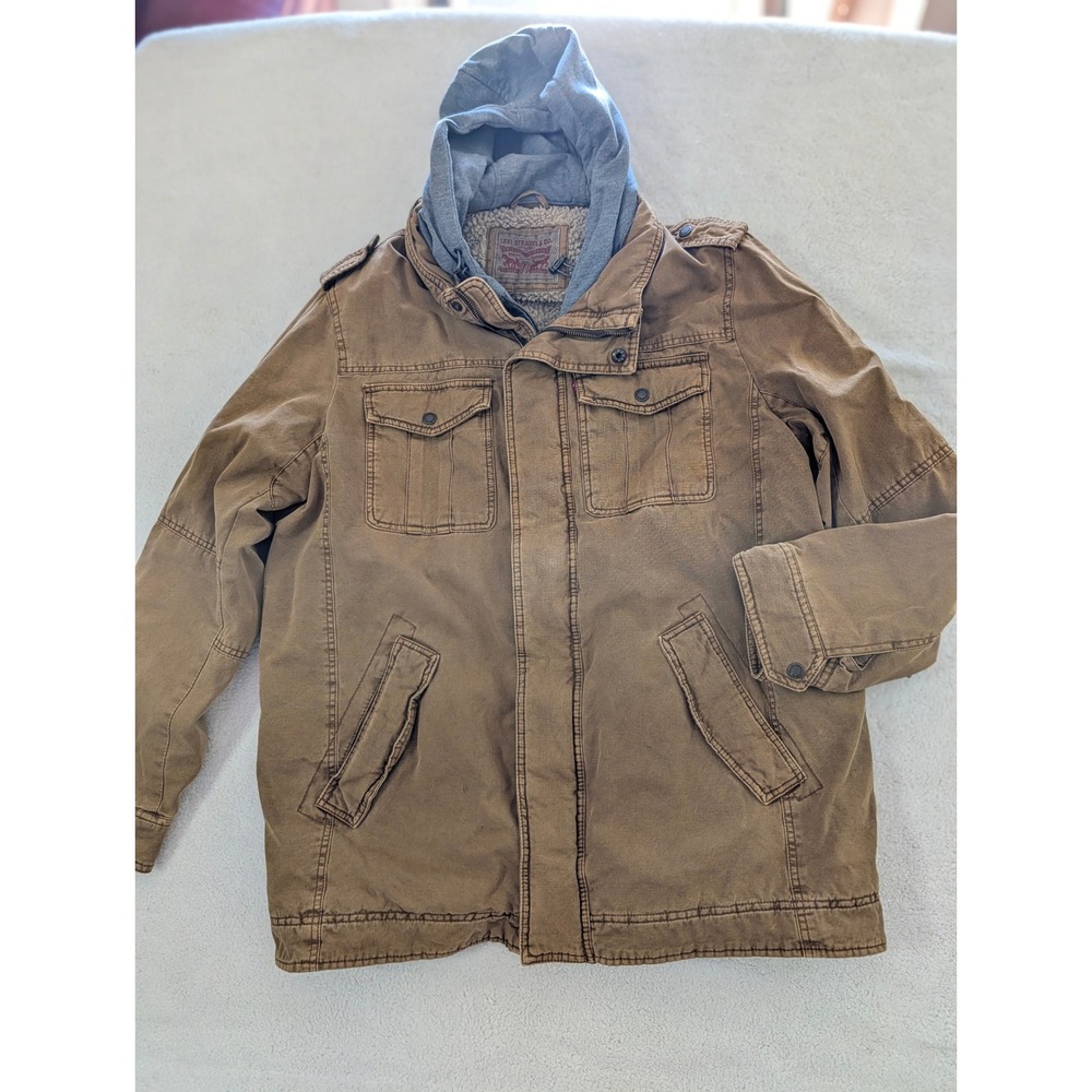 Levis Mens Brown Cotton Canvas Sherpa Lined Field Jacket with Hood Size XL